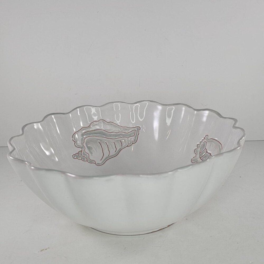 1970s Italian Majolica Palm Beach Style Seashell Embossed Serving Bowl Scalloped - Picture 4 of 8